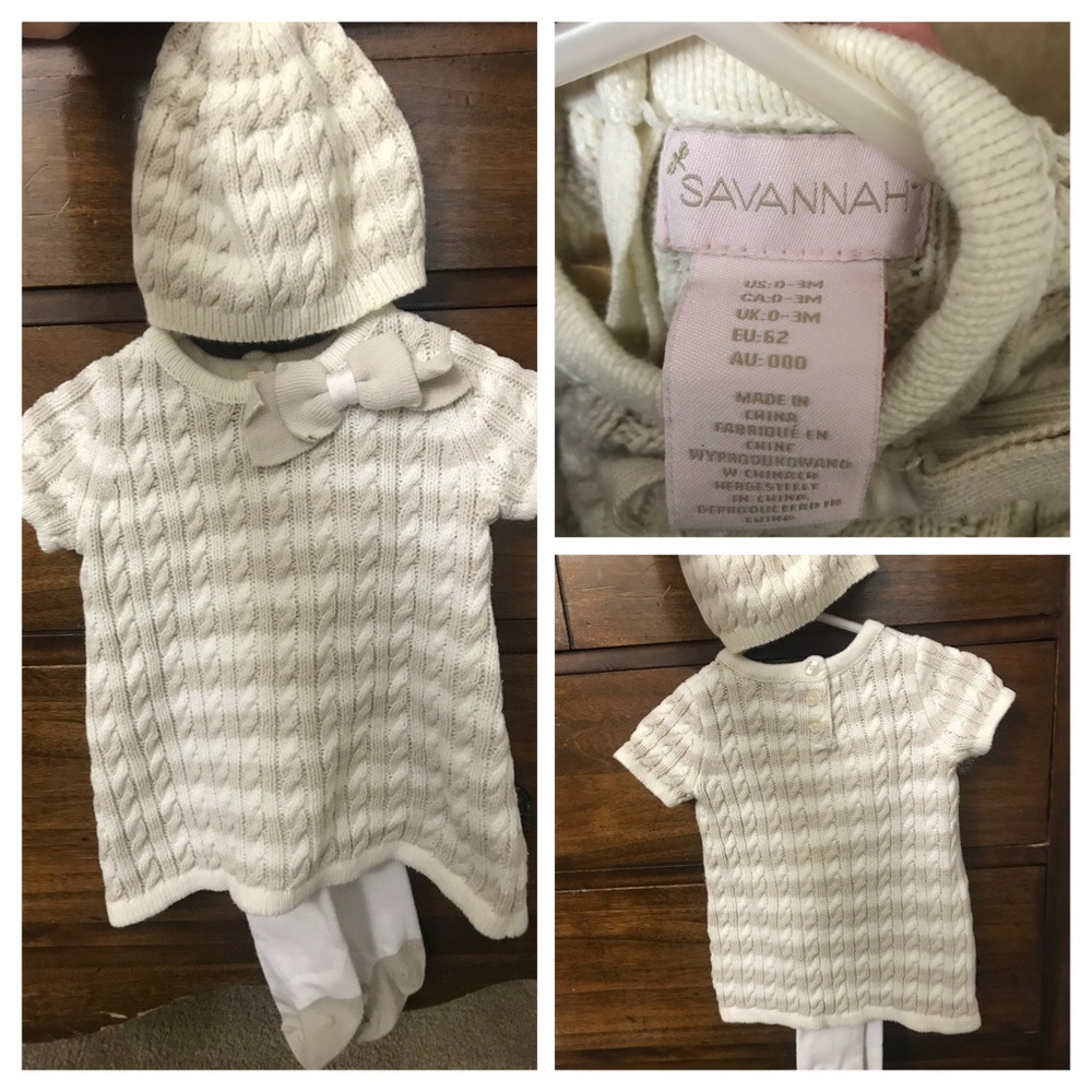 Sweater dress, tights and matching hat